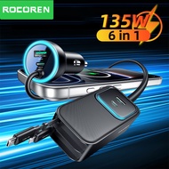 Rocoren 135W Car Charger 6 in 1 USB C PD Fast Charging Car Phone Charger With Retractable Cale
