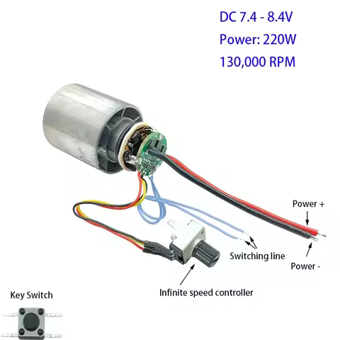 DC 7.4V 130,000RPM Brushless Motor DC 7.4 - 8.4V 220W Ultra-high Speed BLDC 3-Phase CNC Aluminum All