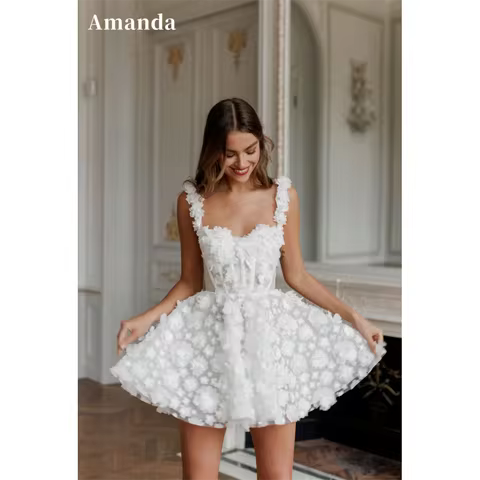 Amanda Customized White Mini Prom Dresses Flower Lace Embroidery Evening Dress Lace-up Spaghetti Str