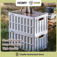 Citylife 64L Foldable Storage Box With Lid Collapsible Camping Box With Wooden Board Cover
