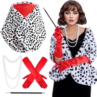 4 Pack Women Halloween Dalmatian Costume, Black White Dalmatian Shawl Scarf Stole, 1920s Red Glove, 