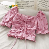 【Free Shipping】AGA New Korean Style Floral Clavicle Tether Puff Sleeve Crop Top women