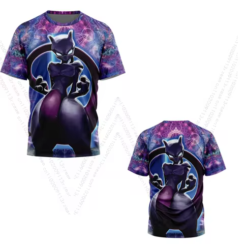 Trippy Cosmic Mewtwo Pokemon Japan Anime Men's Workout Print Gym T-shirt Kid Sports Breathable Cospl