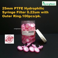 ( READY STOCK ) 25mm PTFE Hydrophilic Syringe Filter 0.22um with Outer Ring,100pcs/pk.