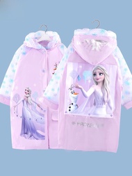SHIPAILUO | เสื้อกันฝนเด็ก Disney Frozen Elsa แขนยาวสำหรับเด็กผู้หญิงพร้อมกระเป๋าสะพายหนังสือ เสื้อก
