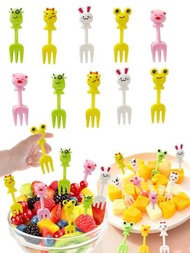 10入組卡通動物水果叉,隨機顏色,迷你尺寸,適用於甜點,蛋糕,水果和沙拉