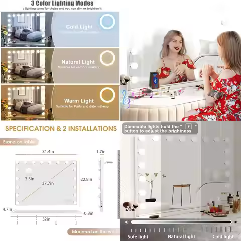 32x22.8 LED Lighted Makeup Mirror with Bluetooth Speaker, 3 Color Modes, USB Charge, 10x Magnificati