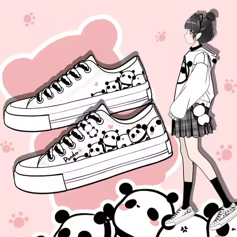 Amy and Michael Lovely Anime Panda Hand Painted Canvas Shoes Kawaii Girls Students Espadrilles Woman