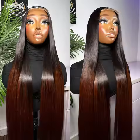 Human Hair Glueless 4by4 Closure Ombre Black Brown Straight Wig for Woman Brazilian Pre Plucked 13x4