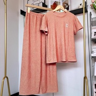 YOYO Women's Solid Color Loungewear Set - Short Sleeve Tee + Wide Leg Pants C1995