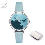 Shengke SK นาฬิกาผู้หญิงสายหนังหน้าปัดโรแมนติกแบบชนบทนาฬิกาข้อมือควอตซ์ลำลองสำหรับผู้หญิง