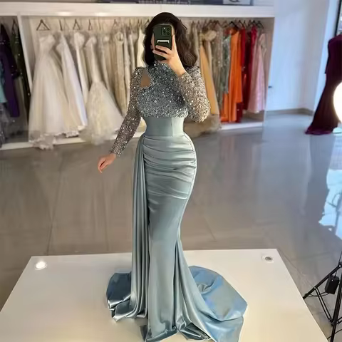 Customized Elegant Mermaid Sparkling Evening Dress Long Sleeve High Collar Princess Ball Dress Arab 