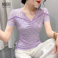 MIOU 2023 Summer Korean Edition New Handmade Beaded V-Neck Lace Short Sleeve T-shirt Women's Fashion Slim Fit Underlay Trend