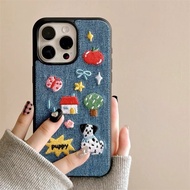 Denim Blue Embroidery Cute Dalmatian Dog Cartoon Hard Shockproof Phone Case For iPhone 16 15 14 13 P