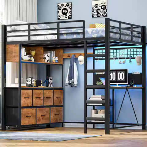 Full Loft Bed 7 Drawers Bookshelf Desk LED Guardrail Ladder Rustic Custom