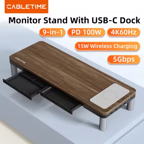 CABLETIME Monitor Stand with USB-C Hub 9 in 1 Dock HDMI 4K60Hz PD100W RJ45 Wireless Charging for Mac