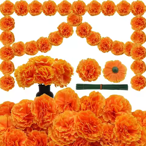 Artificial Marigold Flowers Halloween Decoration Orange Marigold Head Silk Fake Paper Flowers Decor 