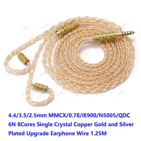 6N 8 Cores Single Crystal Copper Gold and Silver Plated Upgrade Earphone Cable 4.4 3.5 3.5 mm MMCX 0