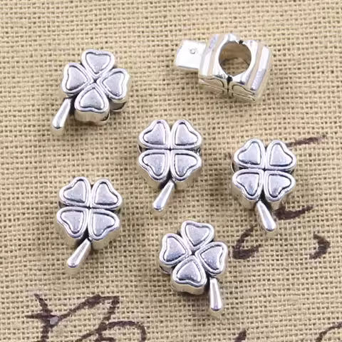 10pcs 13x9x7mm Lucky Irish Four Leaf Clover 4.5mm Big Hole Bead Charm Fits Antique Silver Color Char