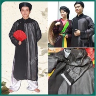 Ancient traditional men's ao dai with four black bodies and headband, teacher's ao dai, performance 