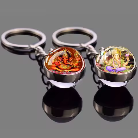 Ganesha Keychain Indian Elephant Head God Dome Glass Inlaid Pendant Amulet Indian Buddhist Jewelry G