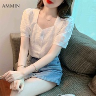 AMMIN เสื้อชีฟองเกาหลีคอปกสี่เหลี่ยมแขนพองทรงหลวมเสื้อผ้าชีฟองแขนสั้นอเนกประสงค์ทรงหลวมฤดูร้อน