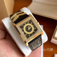 Versace凡賽斯手錶 DV25週年系列 方形鑲鑽時尚女錶 瑞士石英錶 黑色白色鱷魚紋牛皮錶帶真皮手錶