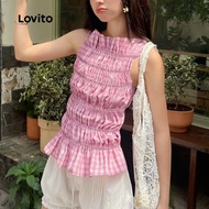 (Trendy) Lovito Cute Gingham Smocked Tank Top for Women L125AD139