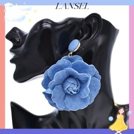 LA Denim Blue Fabric Earrings, Handmade Exaggerate Blue Rose Earrings, Ornament Denims Denim Floral 