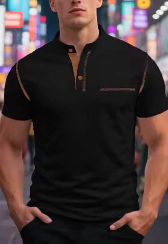 Henry's casual and breathable stand-up collar waffle color-blocked short-sleeved men's T-shirt top