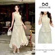 Olvia.Chic Office Skirt Set Made of Japanese Gold with Silk Lining, Sleeveless Shirt Collar with Ple