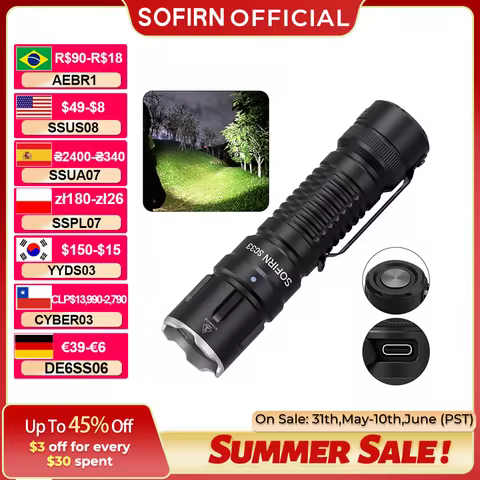 Sofirn SC33 XHP70.3 HI LED Flashlight Tactical 5200lm Powerful 21700 USB C Rechargeable Torch with T