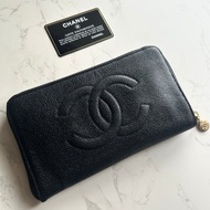 古董包 Chanel黑金魚子醬牛皮皮革長夾 錢包 皮夾 中古二手銀包