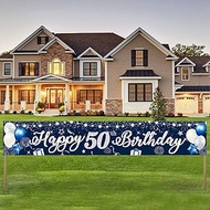 Domgoge Happy 50th Birthday Decoration Banner Large Blue and Silver Happy 50 Years Birthday Banner S