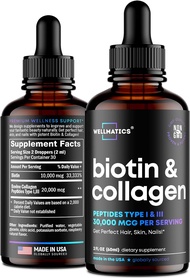 Wellmatics Liquid Collagen &amp; Biotin Drops - 30000mcg Biotin, Collagen Boost for Women &amp; Men - Vegan Collagen Peptides (Type I, III) &amp; Biotin Oil for Hair, Skin &amp; Nails - Natural Hair Growth Complex - 2 fl oz