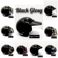 Helm bogo garis classic hitam glossy Pria Wanita Dewasa Motorcycle helm flat cembung bening pelangi 