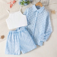 2pcs Tween Girl Blue Jacquard Top And Shorts Set, For Teen And Adult Tween Girl Blue Casual Outfits