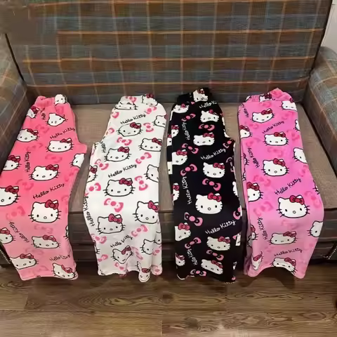 Christmas Hello Kitty Pajamas Halloween Flannel Fashion Trouserswomen Kawaii Woolen Anime Cartoon Ca