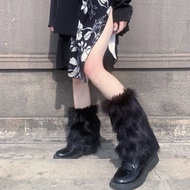 Furry socks with leather buckles, warm leg warmers, mid-calf JK style slouchy socks