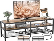 Unikito TV Stand for 65 70 Inch TV, Two-Color Long Entertainment Center TV Console Table with Power Outlet, Industrial TV Cabinet with 3-Tier Open Storage Shelves for Living Room, Rustic Brown and Oak