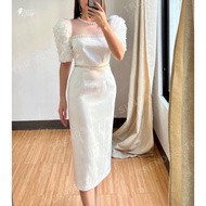 White Modern Filipiniana Dress with Pearl Accent - Modern Filipiniana for Graduation