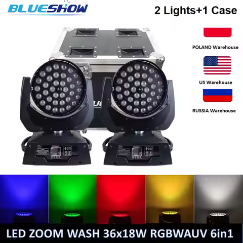 2pcs Beam Led Zoom Wash 36x18w Rgbwauv 6in1 Moving Head Light with fly Case Lyre Wash Zoom Moving He