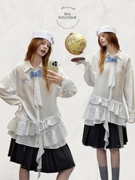 IRIS BOUTIQUE 26ss IRIS.2  IS72830 Blue Cheese Ruffle Shirt เสื้อเชิ้ตสีขาวเพิ่มเลเยอร์ให้ลุคดูละมุน