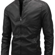 TEMU เสื้อแจ็คเก็ตหนัง PU สำหรับผู้ชาย OBM สีพื้น คอเบสบอล แบบสบายๆ สไตล์ไบเกอร์