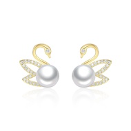 ต่างหูสร้อยคอจี้รูปหงส์ทองเพทายไข่มุกเงิน S925 CTS สำหรับผู้หญิงปาร์ตี้สาวโซ่ไหปลาร้าสร้อยคอต่างหูขอ