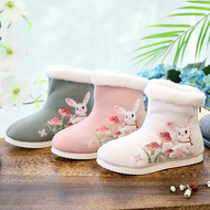 Autumn and Winter Children's Embroidered Short Boots Thickened Girls' Hanfu Dance Performance Shoes Children's Shoes Large Cotton-padded Shoes Old Beijing Cloth Shoes