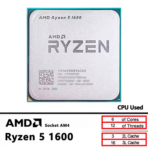 AMD Ryzen 5 1600 R5 1600 3.2 GHz Used GAMING Zen 0.014 Six-Core Twelve Thread 65W CPU YD1600BBM6IAE