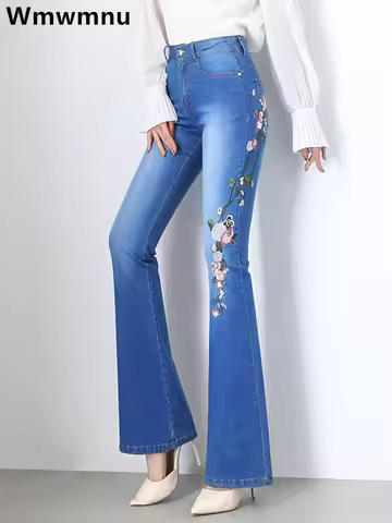 Embroidery Skinny Casual Flare Jeans Women New Streetwear Denim Pants High Waist Strecth Elegant Vin