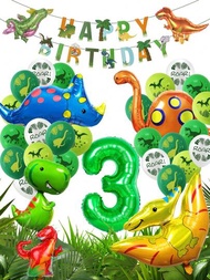 33入組恐龍氣球套裝,包括恐龍印花生日快樂橫幅、綠色數字氣球、恐龍印花氣球,適用於恐龍主題生日派對和裝飾