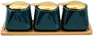 WZHZJ Ceramic Seasoning Pot Creative Kitchen Water Tank Set Metal Cover Wooden Tray Salt Shaker Seasoning Jar Kitchen Accessories